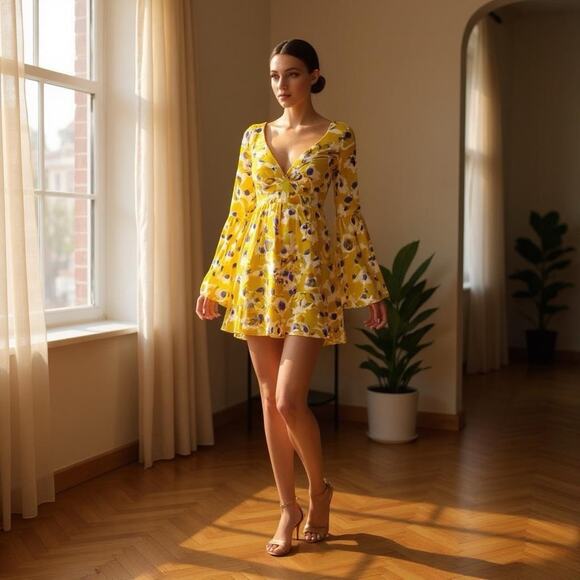 Mac Duggal yellow floral bell sleeves chiffon Mini dress party wedding Sz 10 - Picture 6 of 16